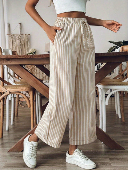 Relaxed Wide Leg Striped Trousers with Elasticated Drawstring Waist