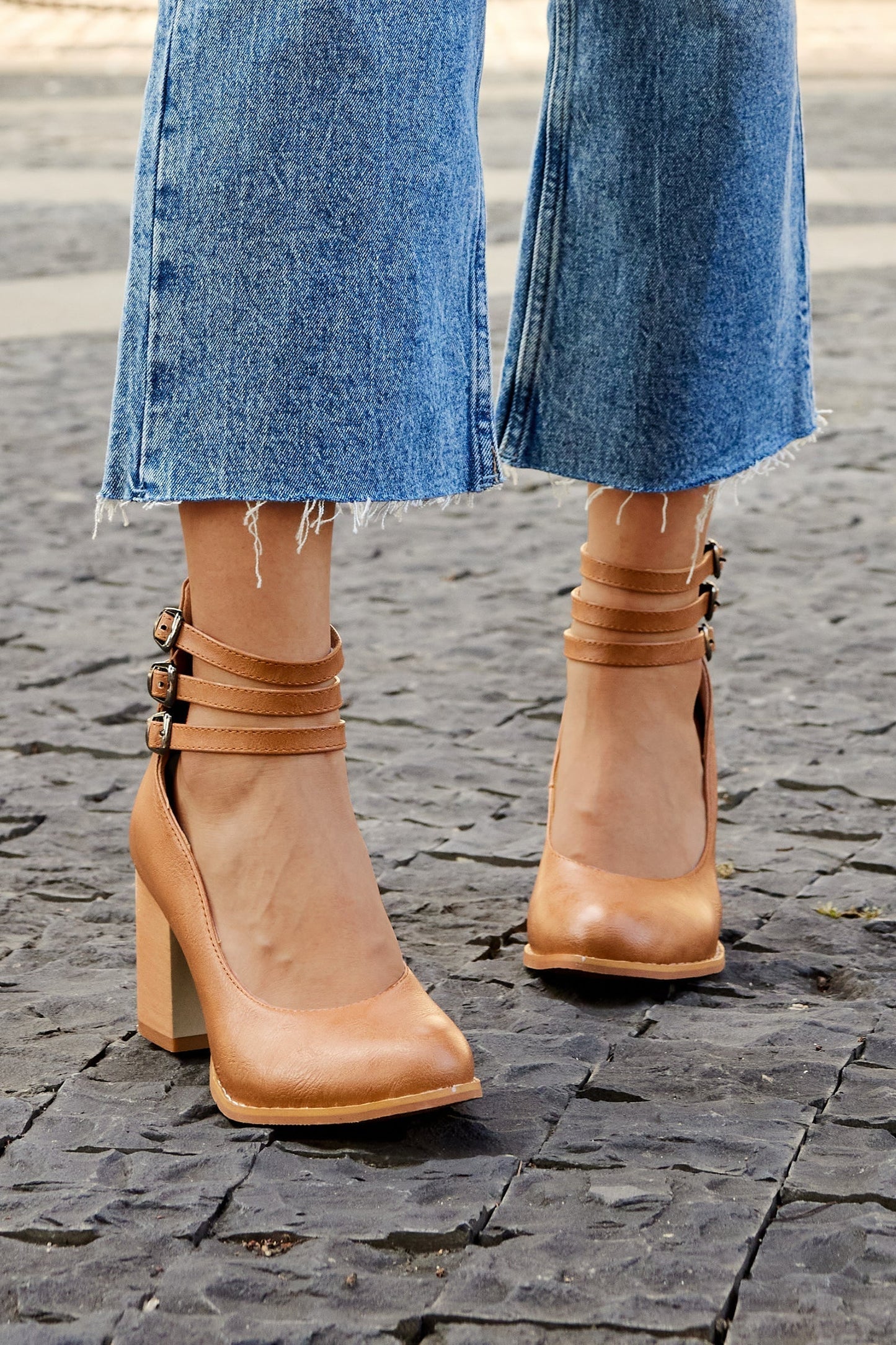 Retro Block Heel Pumps with Triple Buckle Ankle Strap