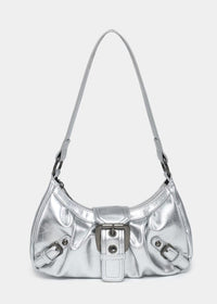 Retro Buckle Shoulder Bag with Ruched Front and Zip Closure