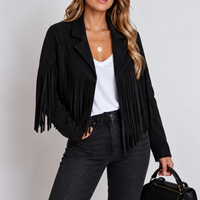 Retro Cropped Suede Jacket with Fringe Detail and Wide Collar