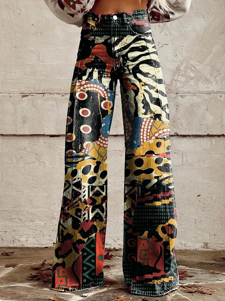 Retro High Waist Wide Leg Jeans with Print