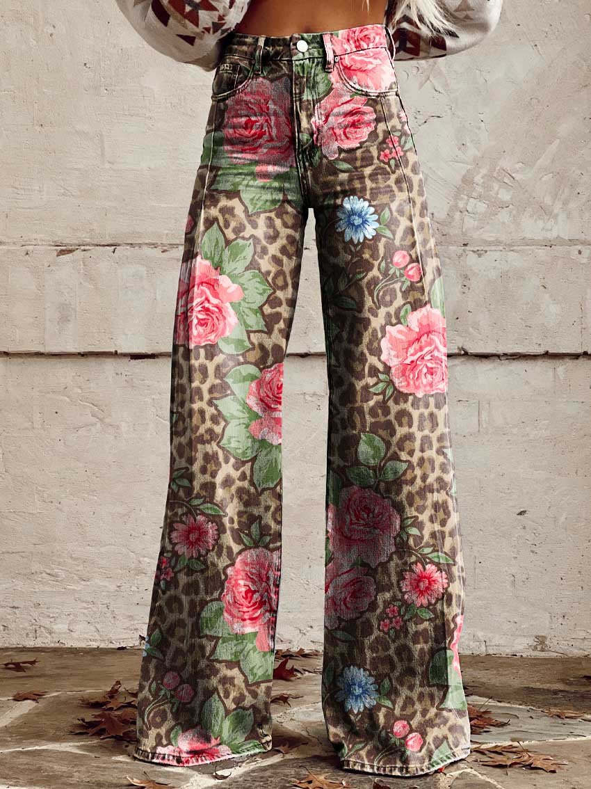 Retro High Waist Wide Leg Jeans with Print
