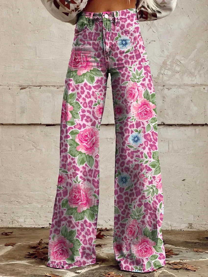 Retro High Waist Wide Leg Jeans with Print
