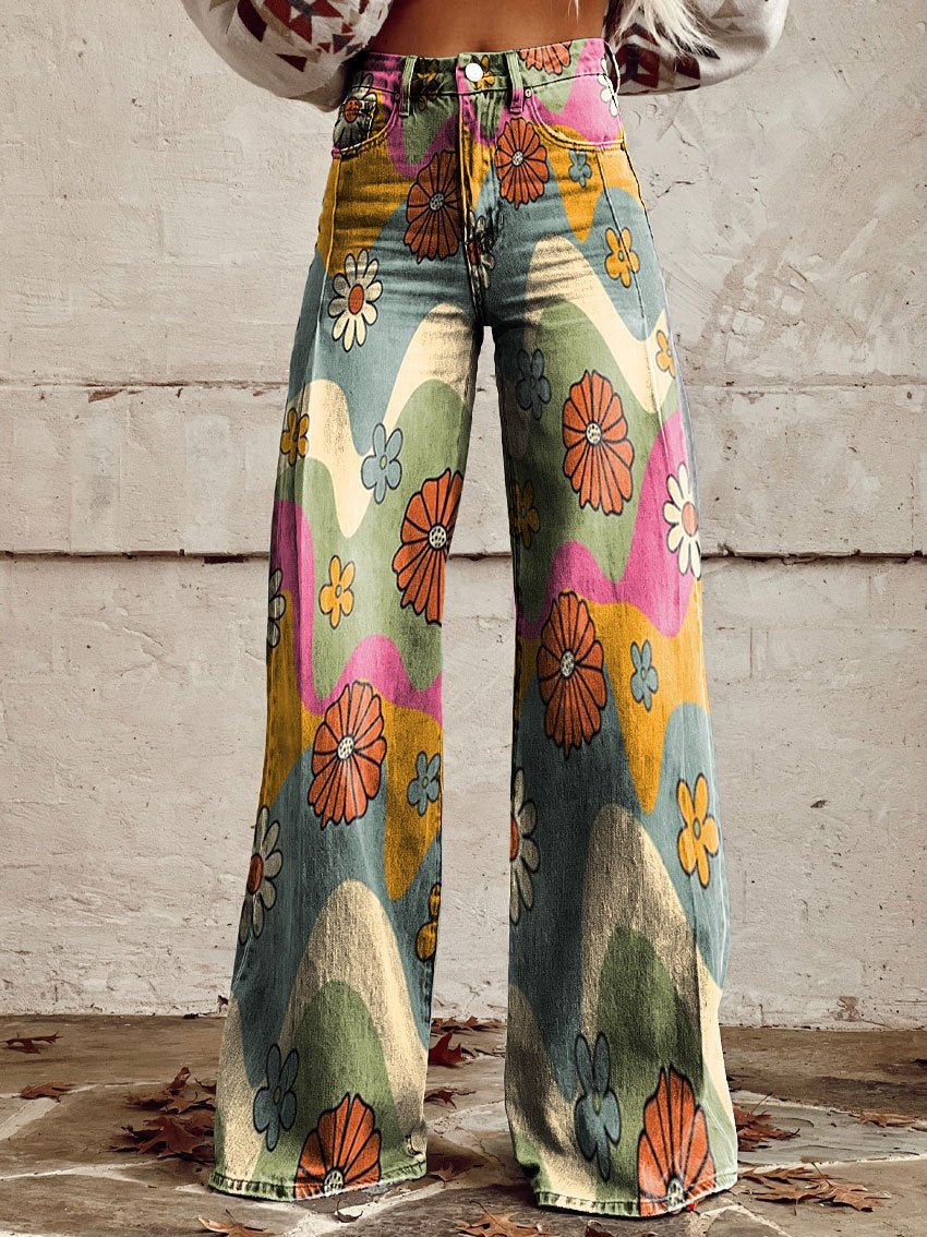 Retro High Waist Wide Leg Jeans with Print