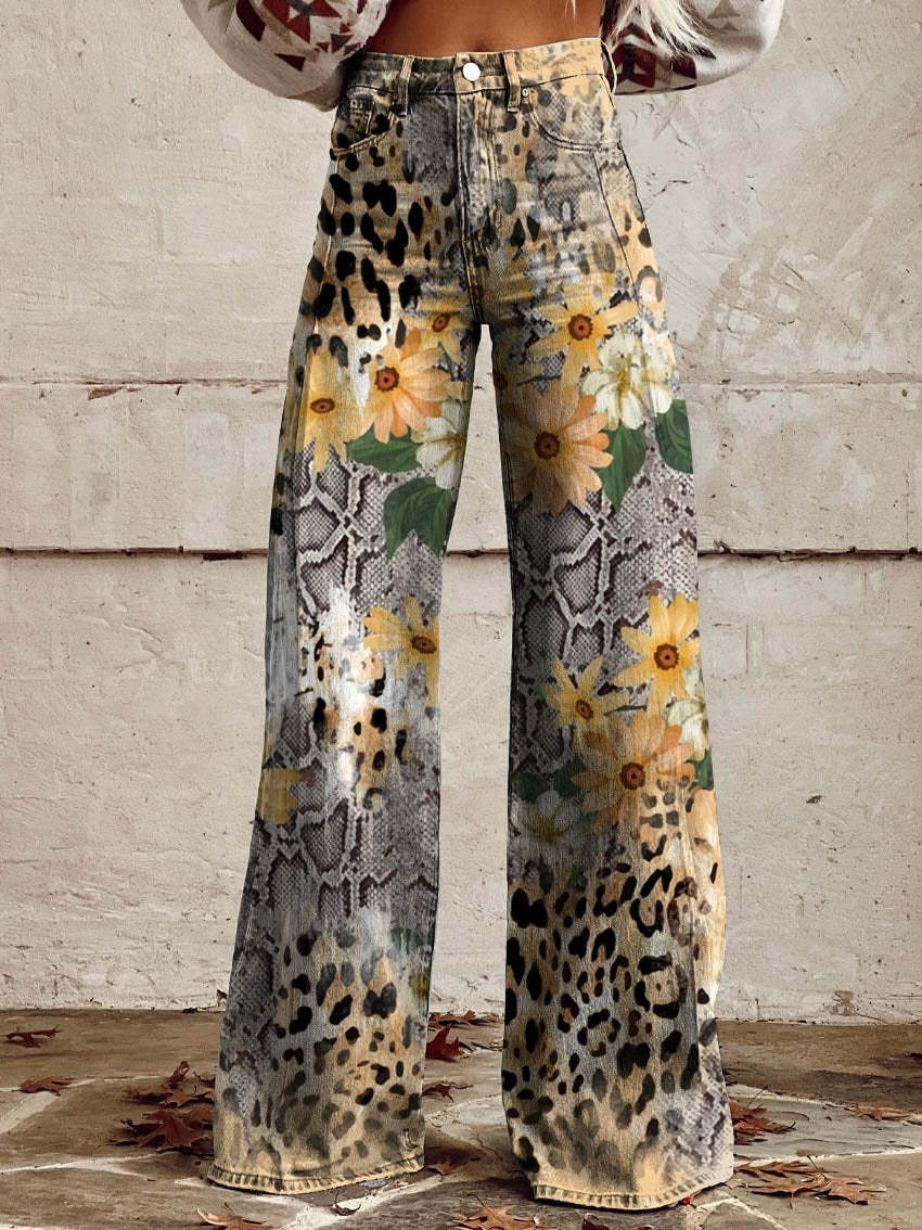 Retro High Waist Wide Leg Jeans with Print