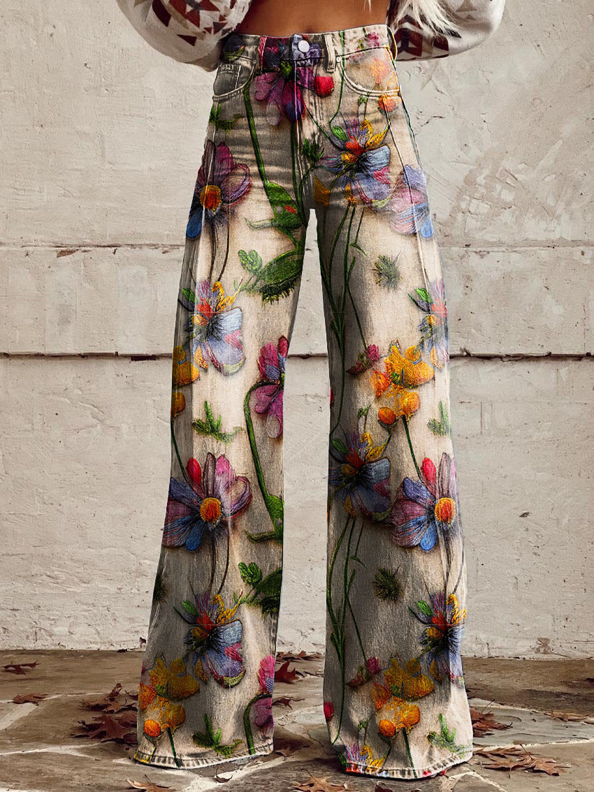 Retro High Waist Wide Leg Jeans with Print