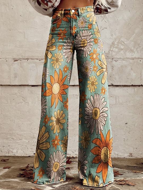 Retro High Waist Wide Leg Jeans with Print