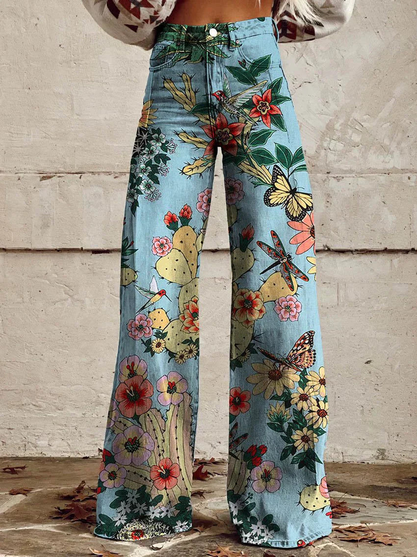 Retro High Waist Wide Leg Jeans with Print