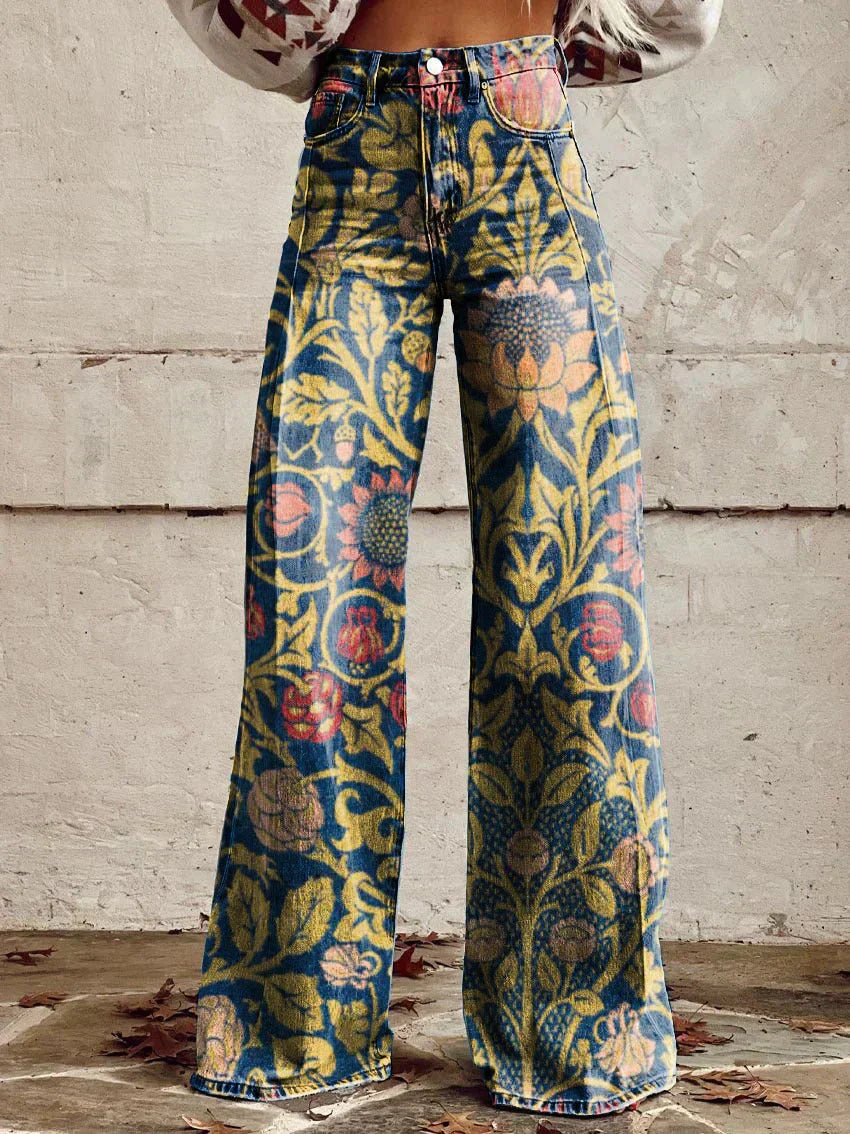 Retro High Waist Wide Leg Jeans with Print