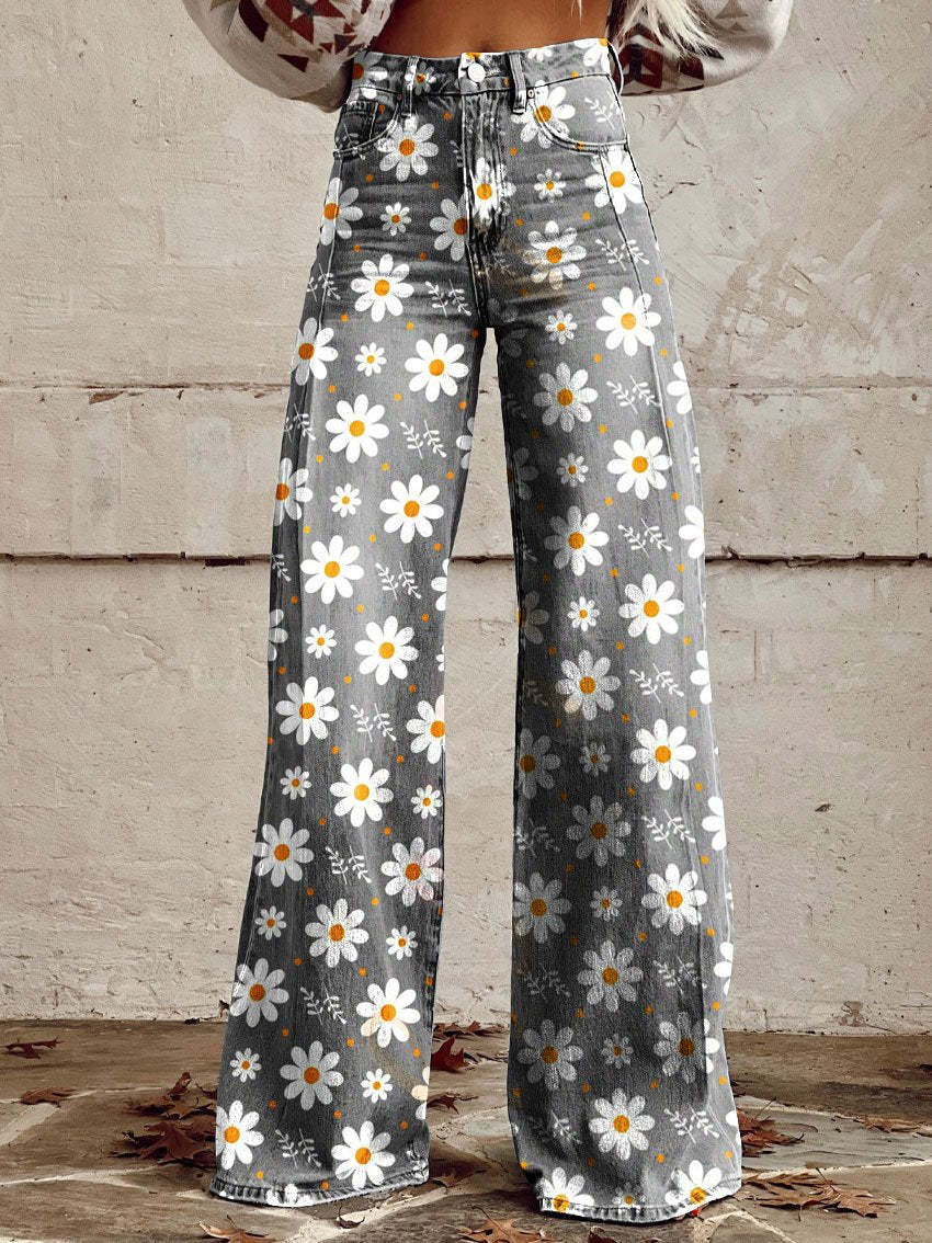 Retro High Waist Wide Leg Jeans with Print