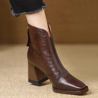 Retro Leather Ankle Boots with Stacked Block Heel and V-Cut Front