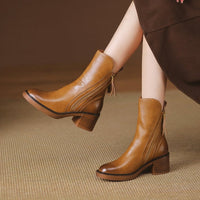 Retro Leather Heeled Ankle Boots with Tassel Zip and Block Heel