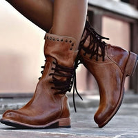 Retro Leather Lace-Up Ankle Boots with Studded Collar