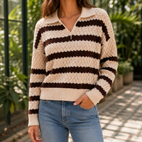 Retro Striped Polo Neck Sweater with Diamond Knit Texture
