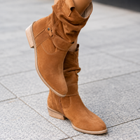 Retro Suede Ankle Boots with Slouch Shaft and Buckle Strap