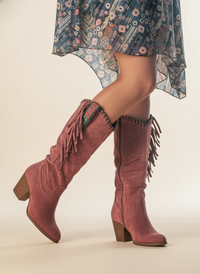 Retro Suede Knee High Cowboy Boots with Fringe Detail