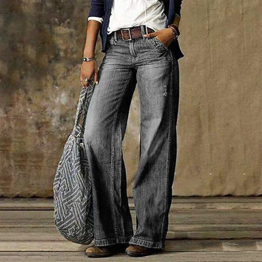 Retro Wide Leg Jeans with Mid Rise Waist and Belt Loops