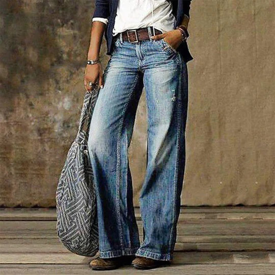 Retro Wide Leg Jeans with Mid Rise Waist and Belt Loops
