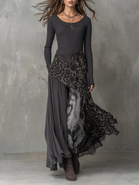 Ribbed Long Sleeve Maxi Dress with Leopard Print Skirt Panel