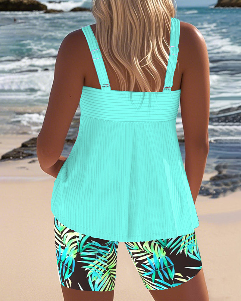 Ribbed Tankini Set with Tropical Print Shorts