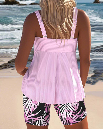 Ribbed Tankini Set with Tropical Print Shorts