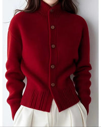 Rich Cashmere-Feel Cardigan with Stand Collar and Back Button Detail