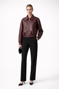 Rich Leather Bomber Jacket with Wide Collar and Elasticated Hem