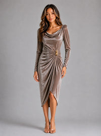 Rich Velvet Midi Dress with Gathered Waist and Gold Brooch