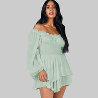 Romantic Off Shoulder Playsuit with Smocked Waist and Puff Sleeves