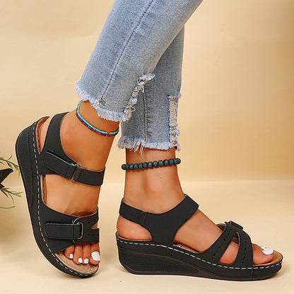Wedge Sandals with Double Velcro Strap and Cushioned Footbed