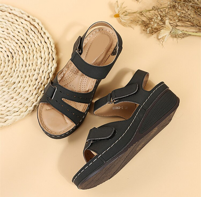 Wedge Sandals with Double Velcro Strap and Cushioned Footbed