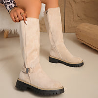 Sleek Suede Knee High Boots with Silver Buckle and Lug Sole