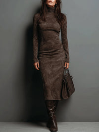 Sleek Suede Turtleneck Midi Dress with Long Sleeves