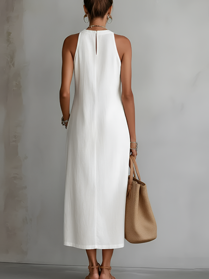 Sleeveless Linen Midi Dress with Lace Trim and Side Split