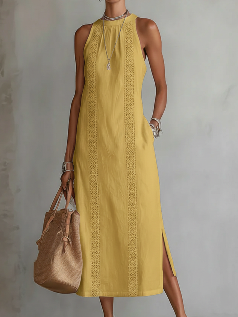 Sleeveless Linen Midi Dress with Lace Trim and Side Split