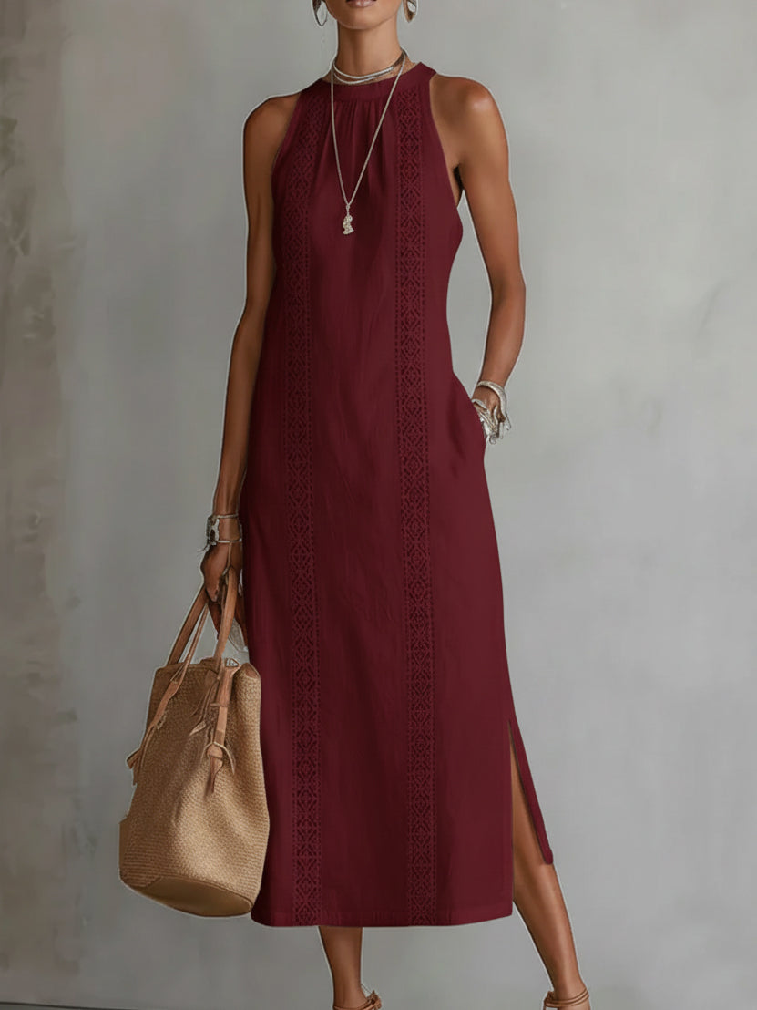 Sleeveless Linen Midi Dress with Lace Trim and Side Split