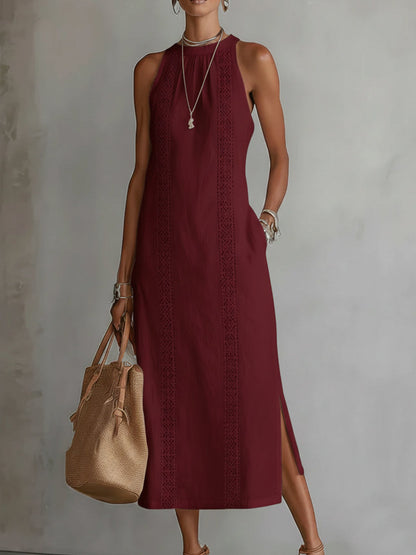 Sleeveless Linen Midi Dress with Lace Trim and Side Split