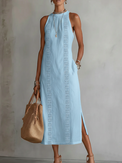 Sleeveless Linen Midi Dress with Lace Trim and Side Split