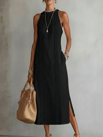 Sleeveless Linen Midi Dress with Lace Trim and Side Split