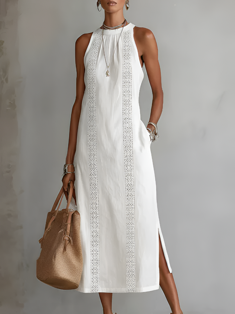 Sleeveless Linen Midi Dress with Lace Trim and Side Split