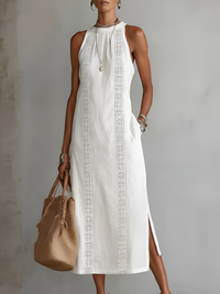 Sleeveless Linen Midi Dress with Lace Trim and Side Split