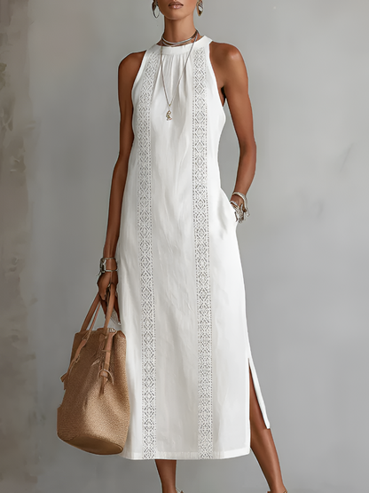 Sleeveless Linen Midi Dress with Lace Trim and Side Split