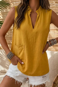 Sleeveless Linen Top with Ruffle Collar and Chest Pocket