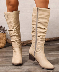 Slouched Leather Knee High Boots with Double Buckle and Block Heel