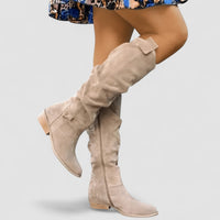 Slouchy Suede Knee High Boots with Ankle Strap Detail