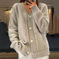 Soft Cable Knit Cardigan with V-Neckline and Diamond Pattern