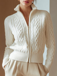 Soft Cable Knit Zip Up Cardigan with Funnel Neck