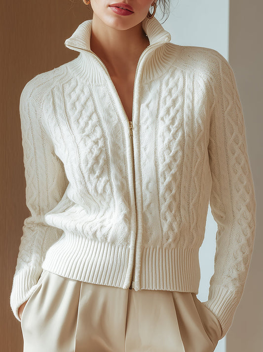 Soft Cable Knit Zip Up Cardigan with Funnel Neck