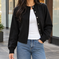 Soft Cashmere-Feel Cropped Cardigan with Round Neck