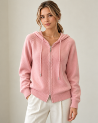 Soft Hooded Zip-Up Cardigan with Cable Knit Panel